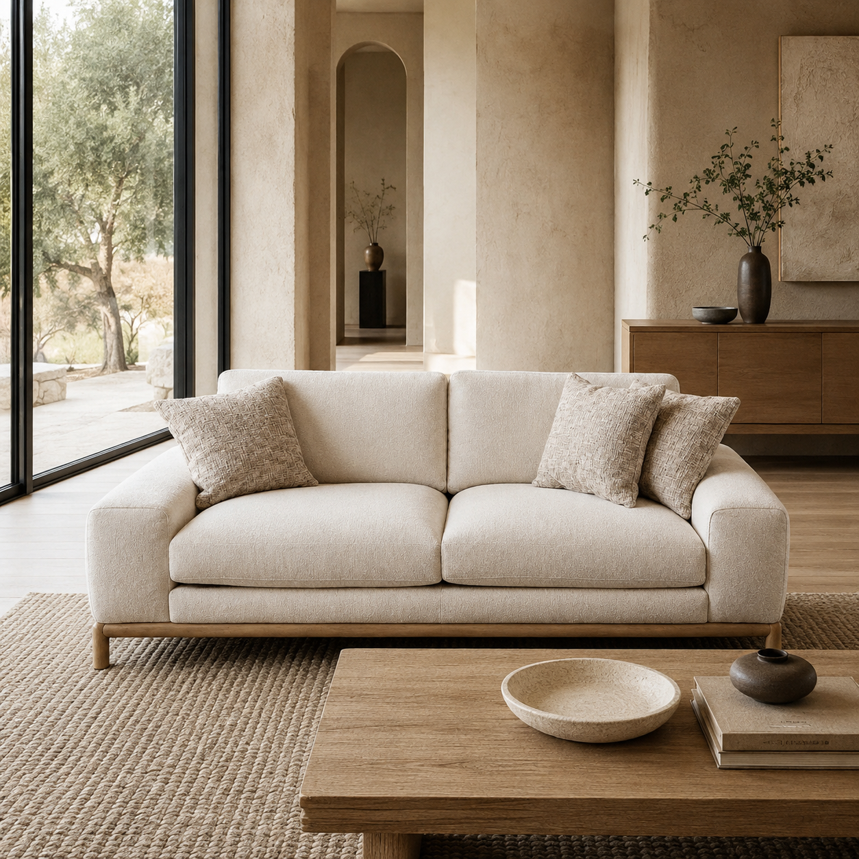 A modern three-seater sofa upholstered in a textured off-white fabric, featuring a light natural wood frame and four textured beige throw pillows, shown against a plain white background.