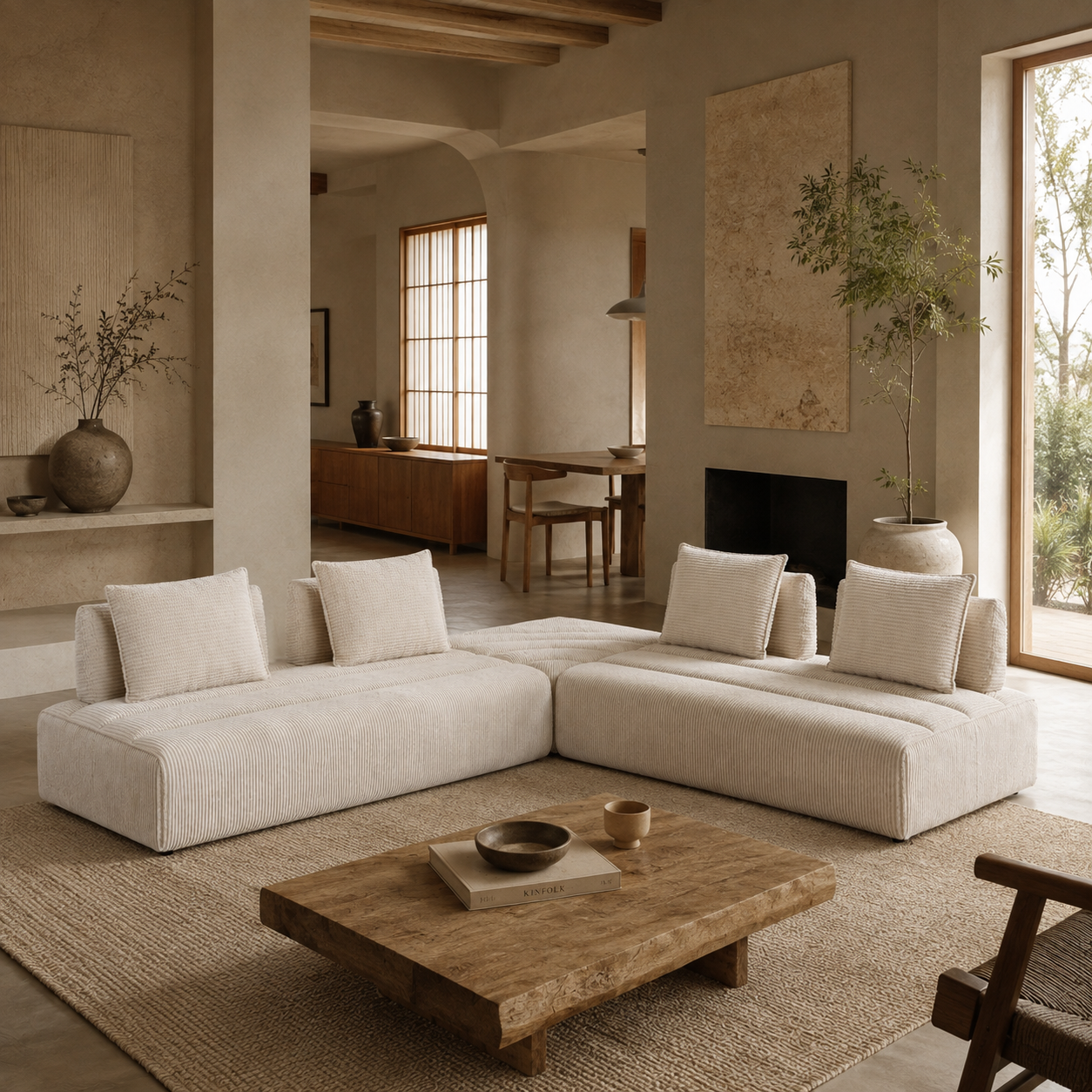 Front perspective view of the Nami 3 Piece Modular Sectional in cream corduroy fabric with four matching back pillows