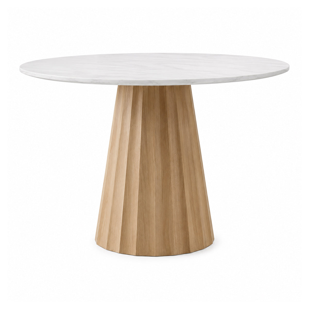 A round dining table featuring a light gray marble top and a fluted, tapered wooden pedestal base in a natural oak finish, shown on a solid white background.