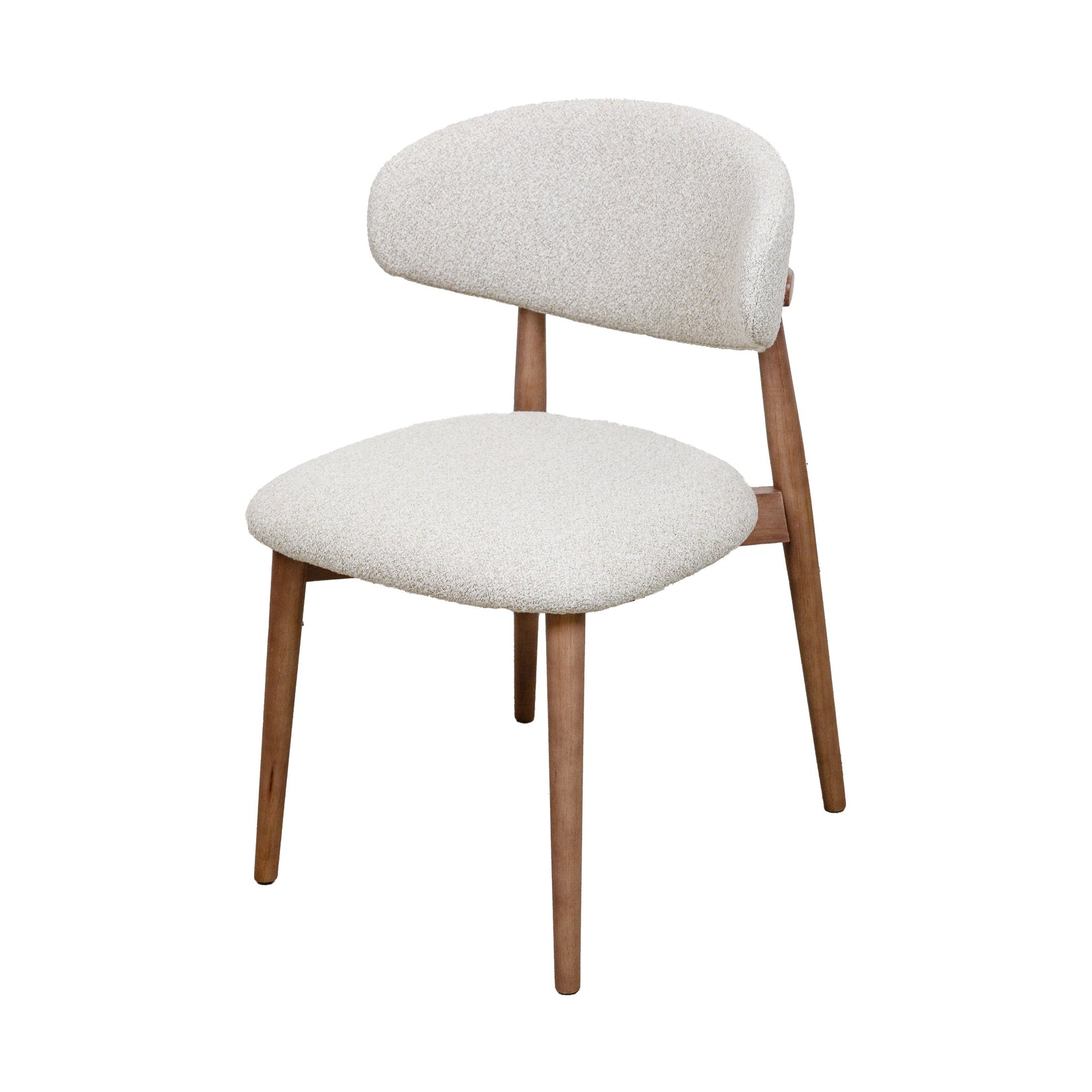 Cammy dining chair with beige textured fabric upholstery and walnut wood legs, front view on white background