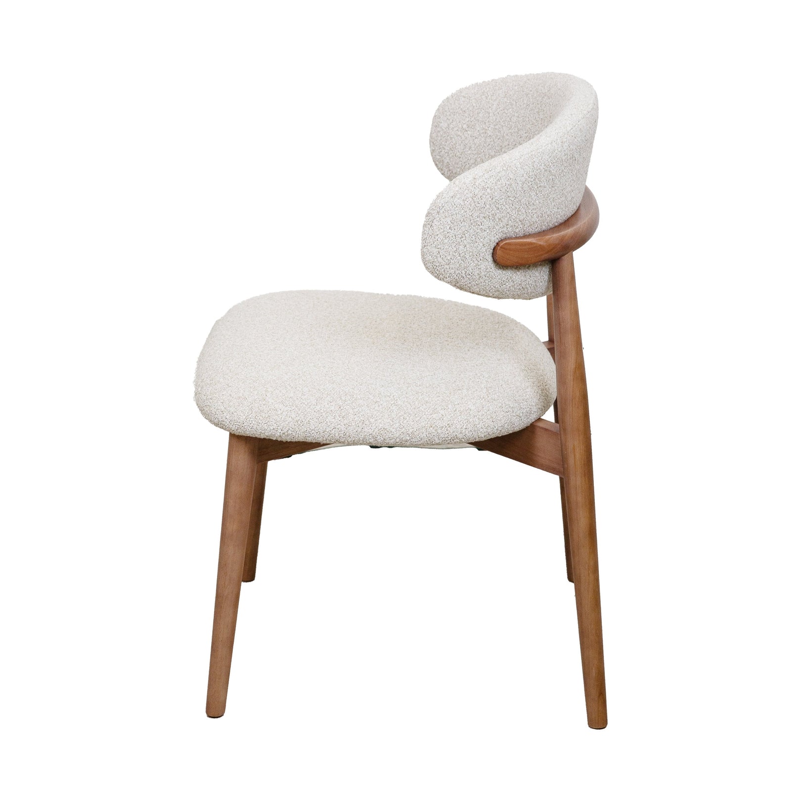 Cammy dining chair with beige textured fabric upholstery and walnut wood legs, front view on white background