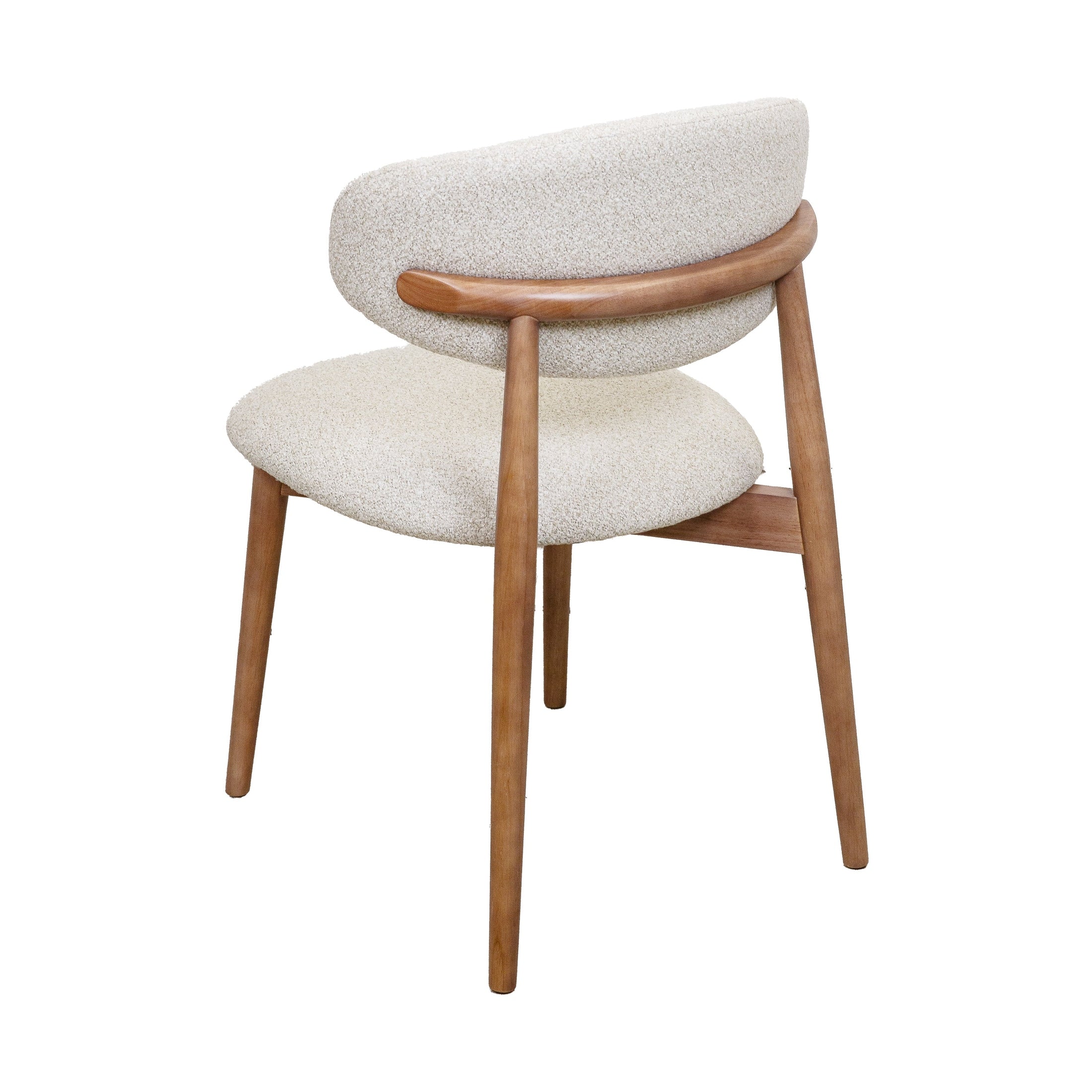 Cammy dining chair with beige textured fabric upholstery and walnut wood legs, front view on white background