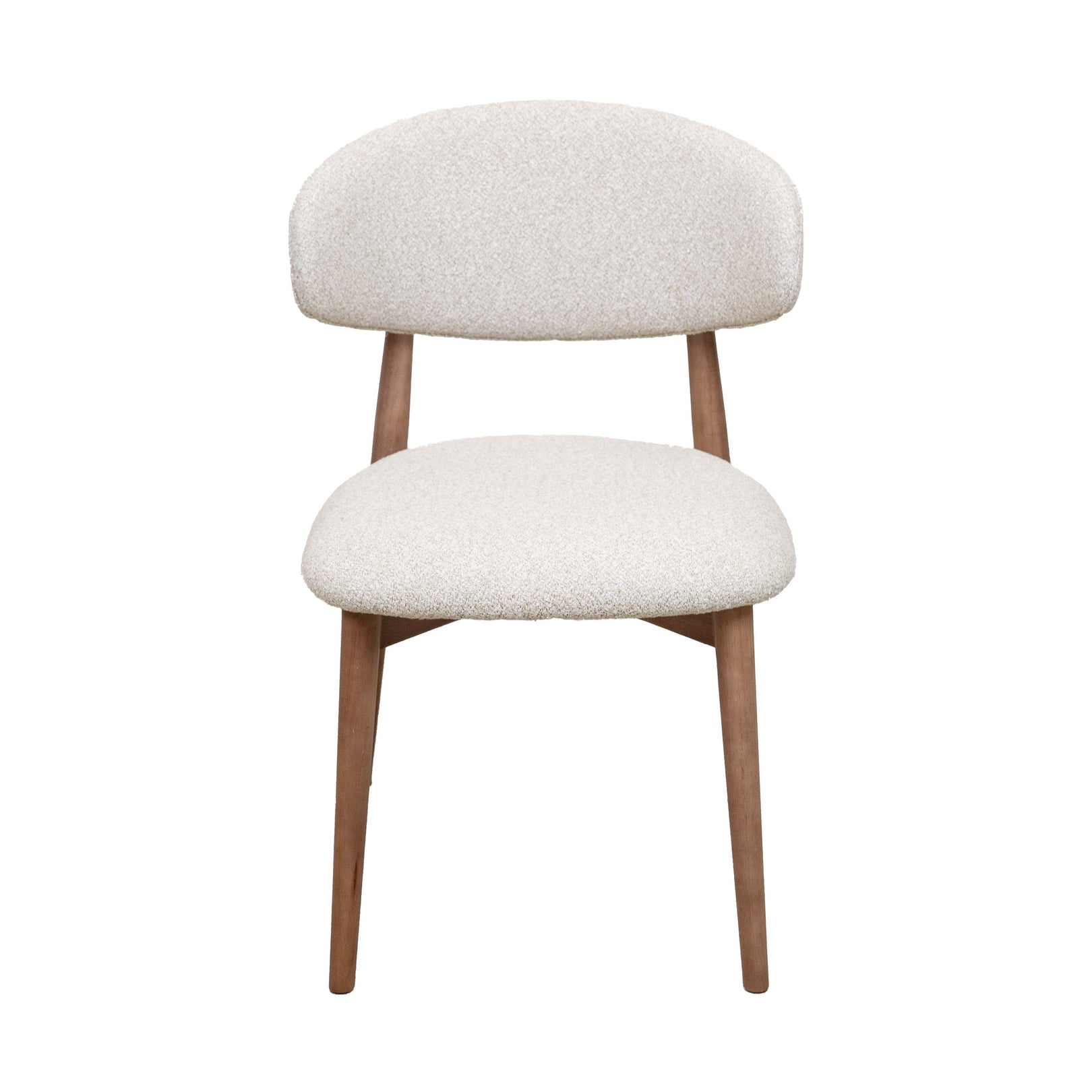Cammy dining chair with beige textured fabric upholstery and walnut wood legs, front view on white background