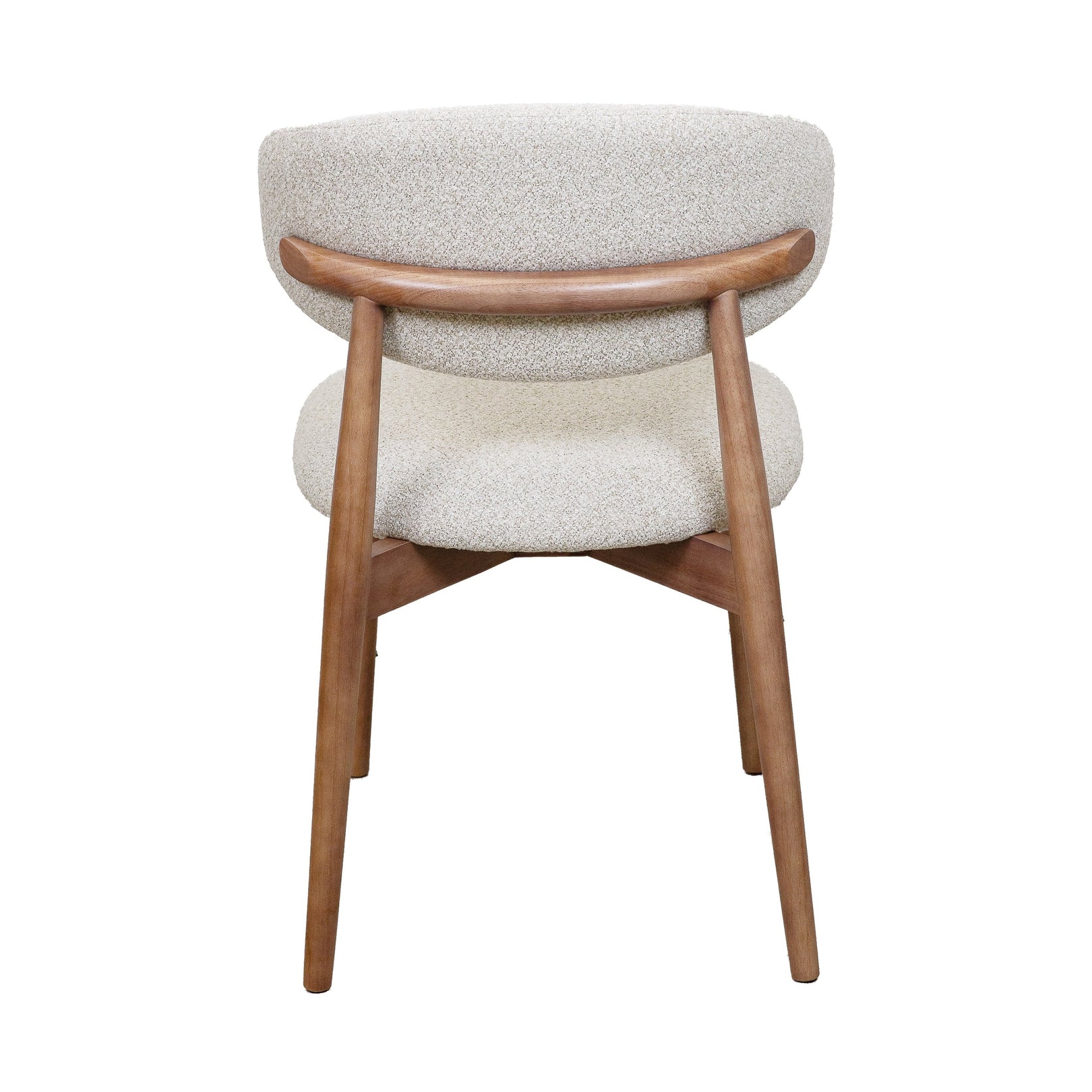Cammy dining chair with beige textured fabric upholstery and walnut wood legs, front view on white background