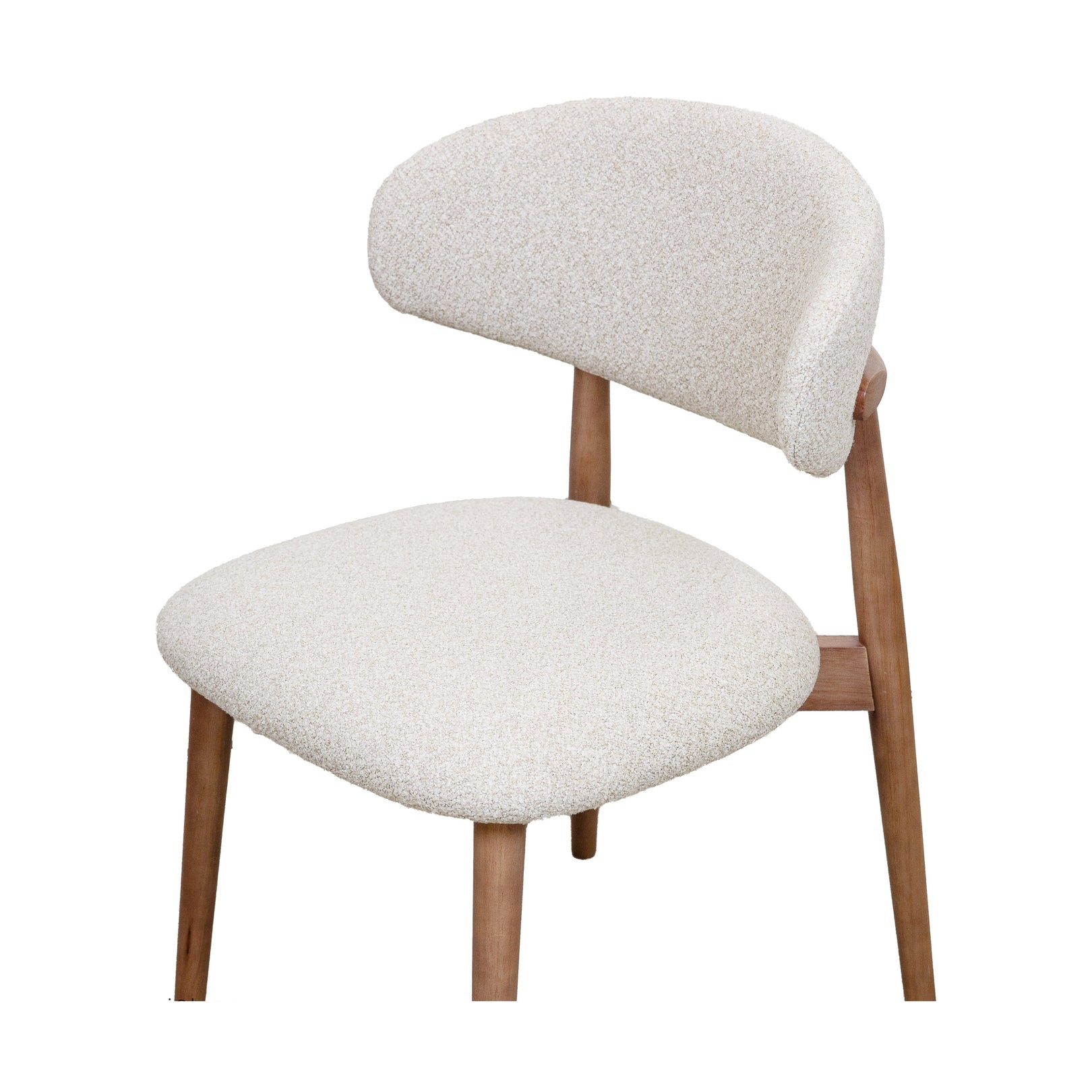 Cammy dining chair with beige textured fabric upholstery and walnut wood legs, front view on white background