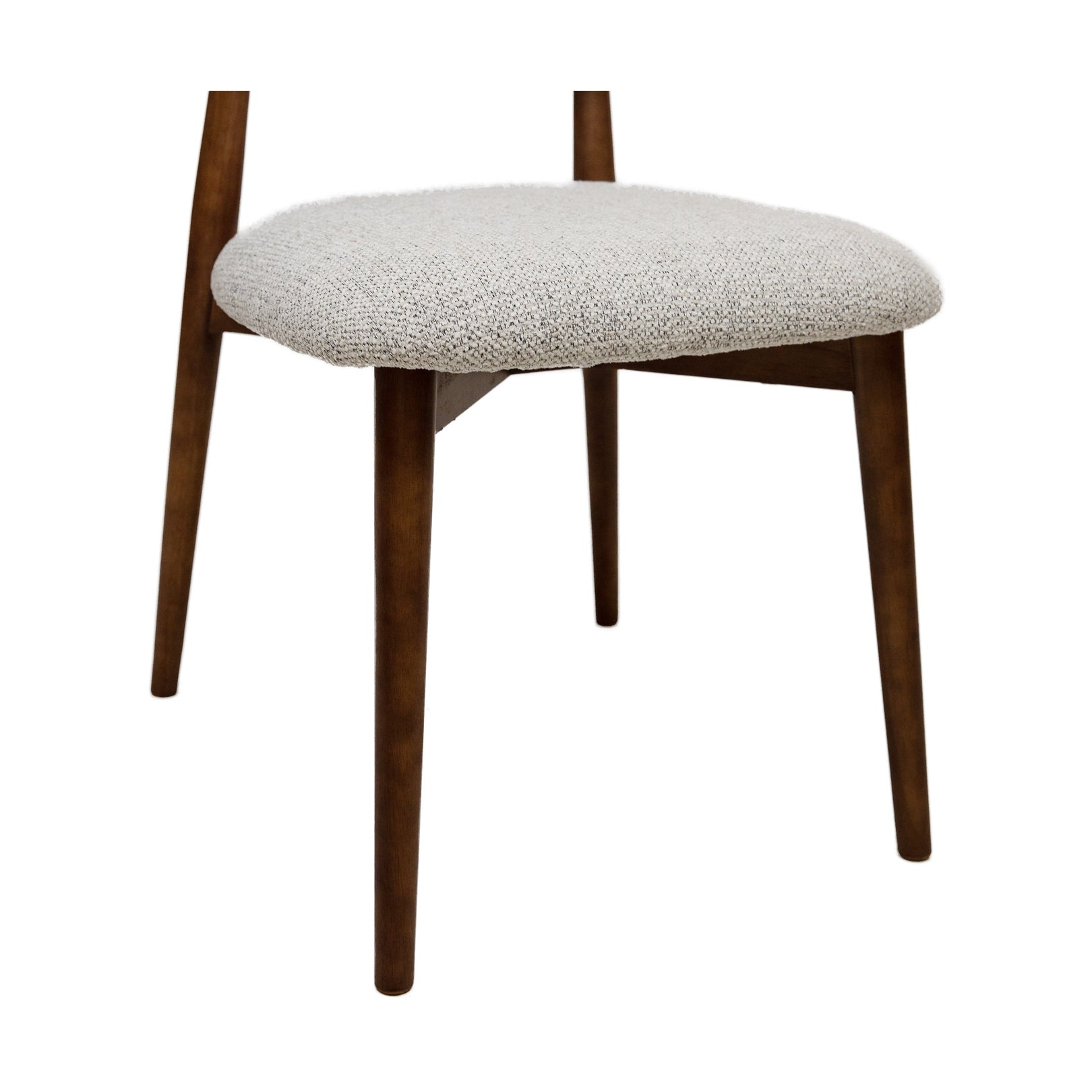 Cammy dining chair with beige textured fabric upholstery and walnut wood legs, front view on white background