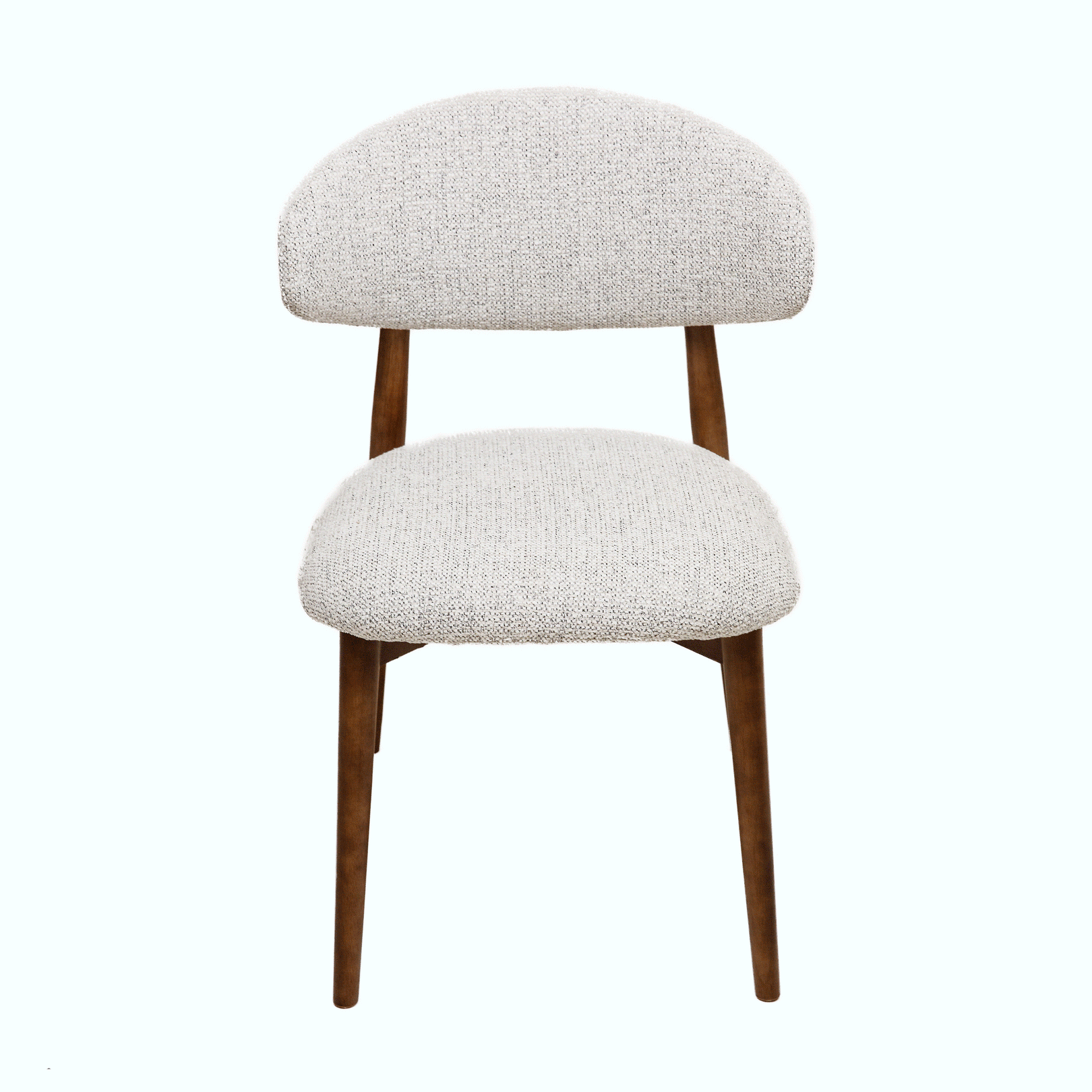 Cammy dining chair with beige textured fabric upholstery and walnut wood legs, front view on white background