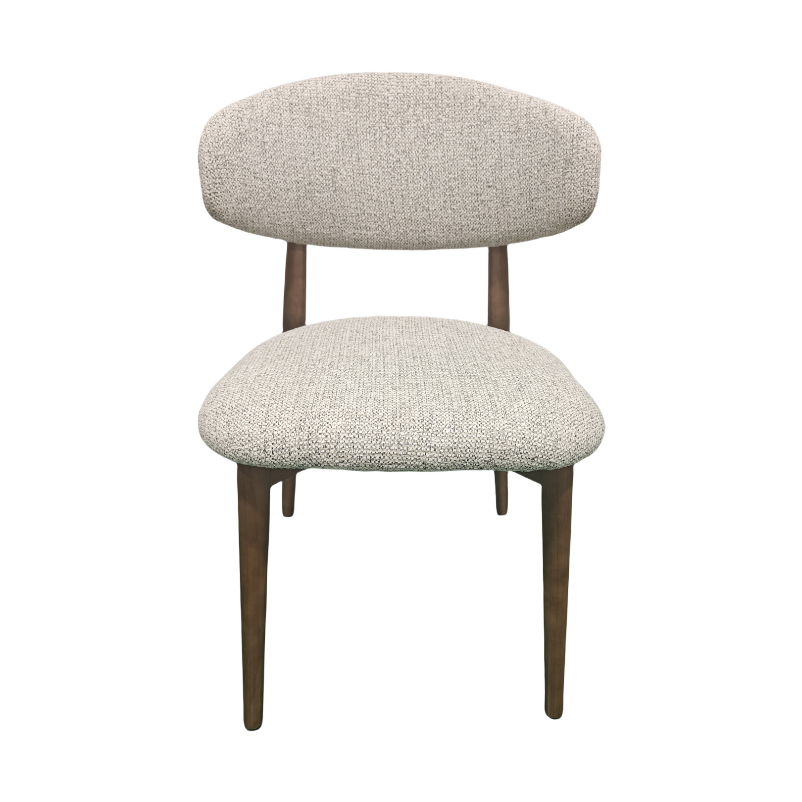 Cammy dining chair with beige textured fabric upholstery and walnut wood legs, front view on white background