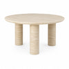 Front view of the Nils coffee table featuring a circular cream travertine top and three substantial cylindrical pedestal legs
