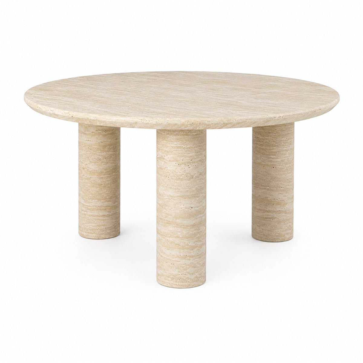 Front view of the Nils coffee table featuring a circular cream travertine top and three substantial cylindrical pedestal legs