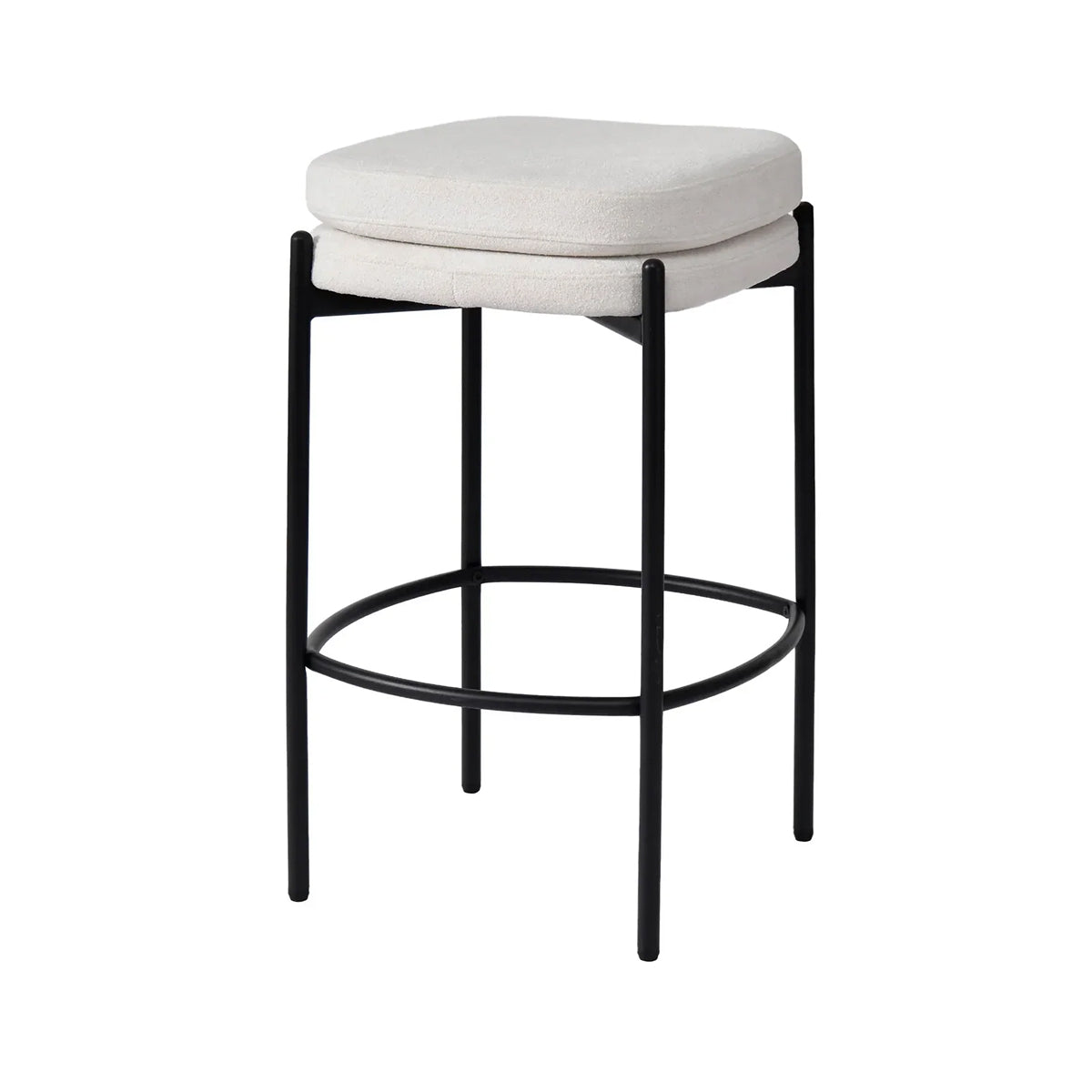 A modern counter stool with a square, light beige upholstered cushioned seat and a black metal frame with a circular footrest, shown on a plain white background.