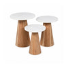 Front view of the Nolan nesting table set featuring three round white marble tops of varying sizes paired with tapered light natural wood pedestal bases