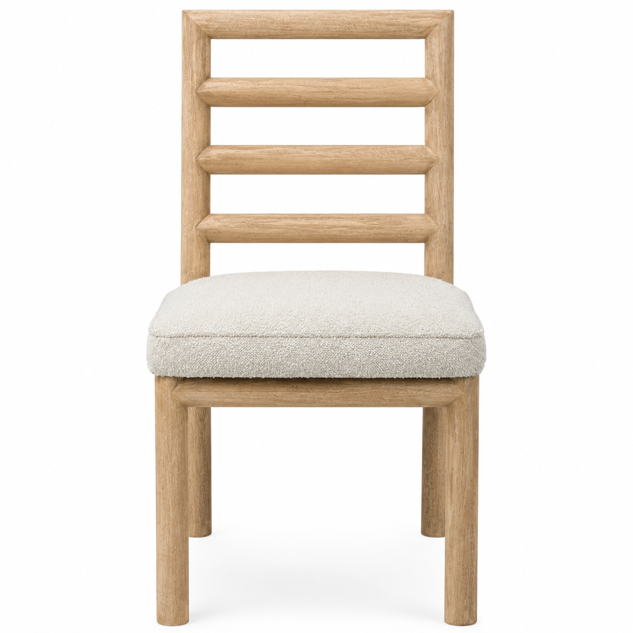 A wooden dining chair with a natural oak frame and a textured cream bouclé seat cushion, shown against a plain white background.