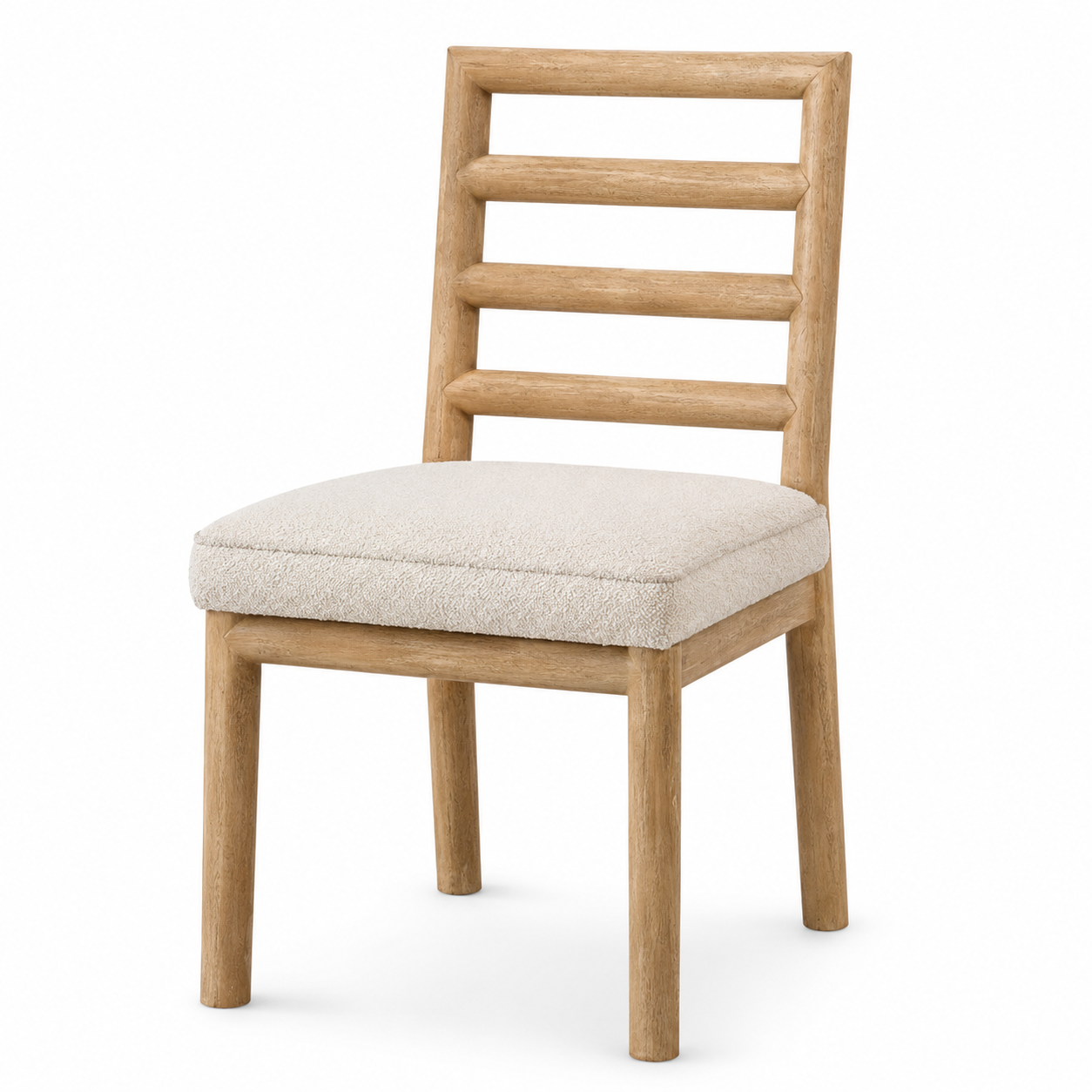 A wooden dining chair with a natural oak frame and a textured cream bouclé seat cushion, shown against a plain white background.