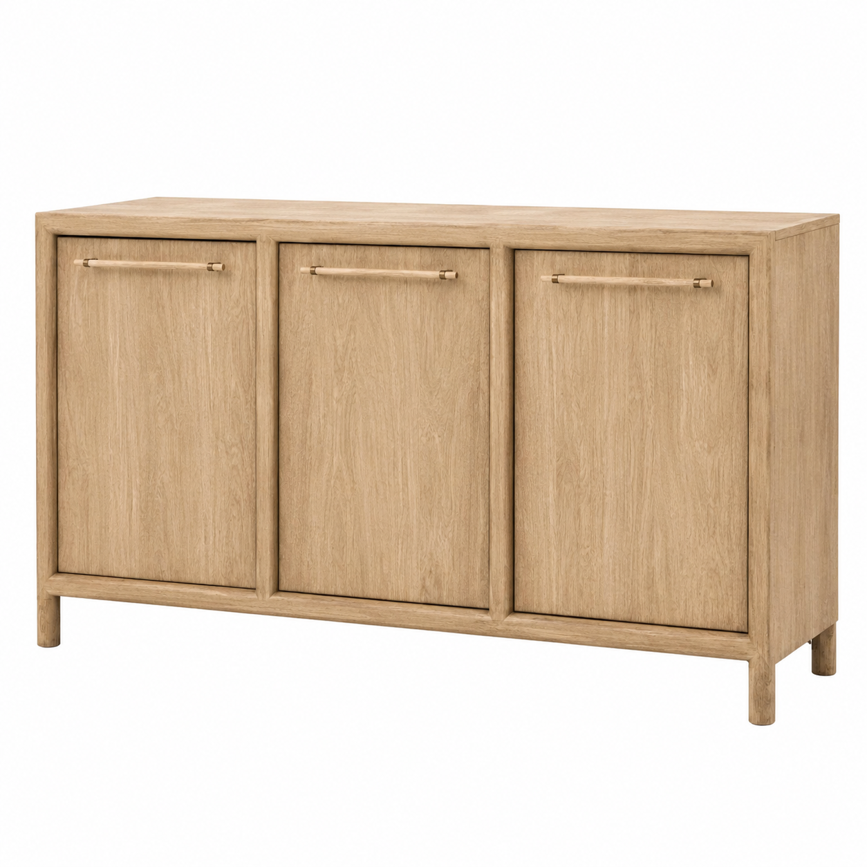 A light oak wood sideboard cabinet with three doors and minimalist metal handles, shown against a plain white background.