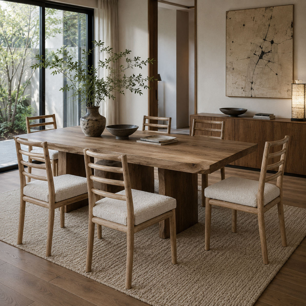 A wooden dining chair with a natural oak frame and a textured cream bouclé seat cushion, shown against a plain white background.