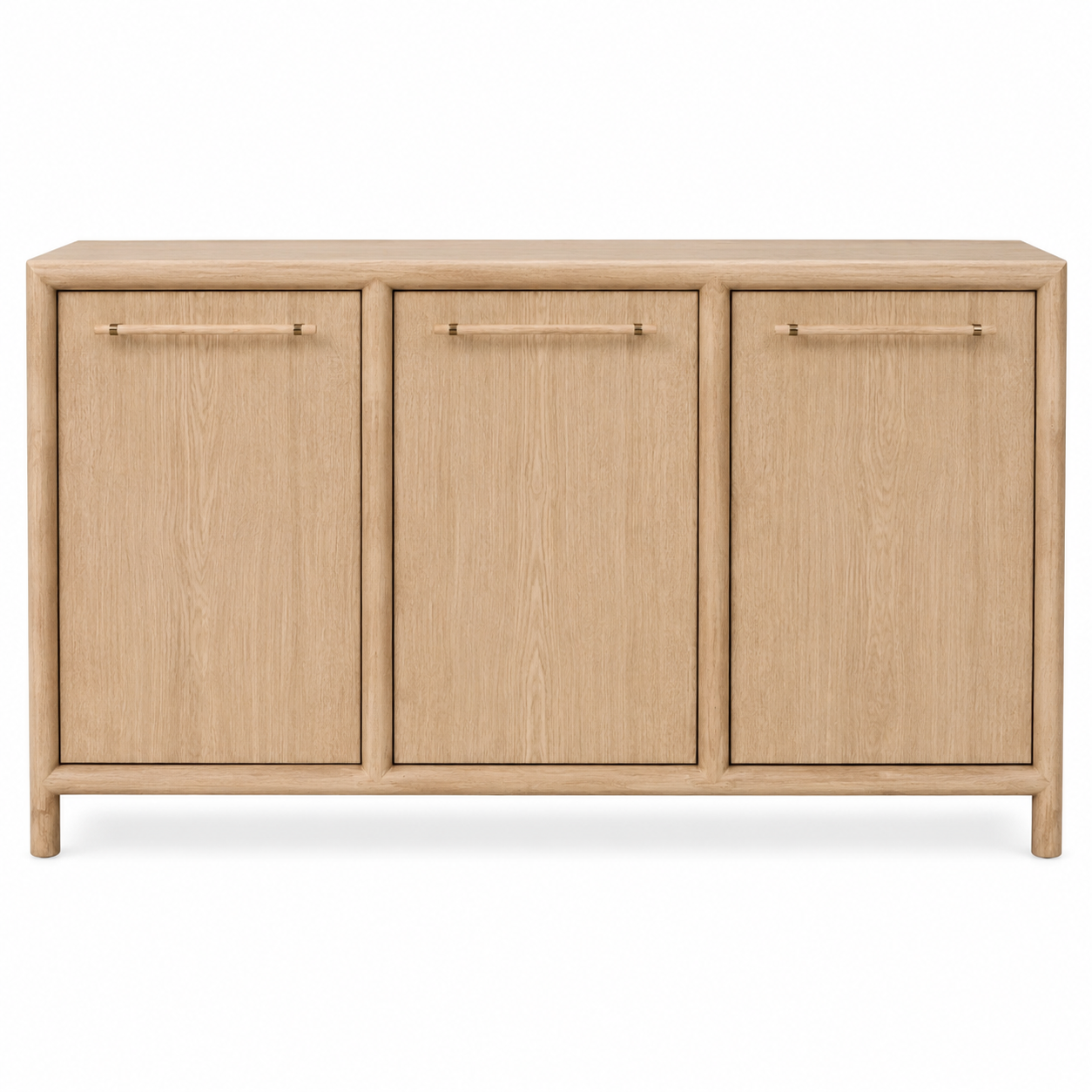 A light oak wood sideboard cabinet with three doors and minimalist metal handles, shown against a plain white background.