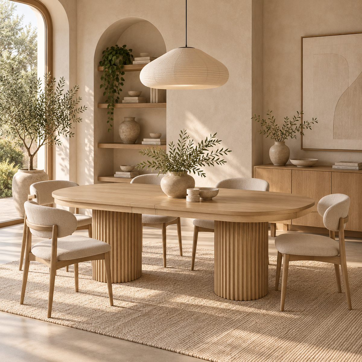 Front view of the Nord dining table in a natural oak finish featuring an oval tabletop and two thick fluted pedestal bases