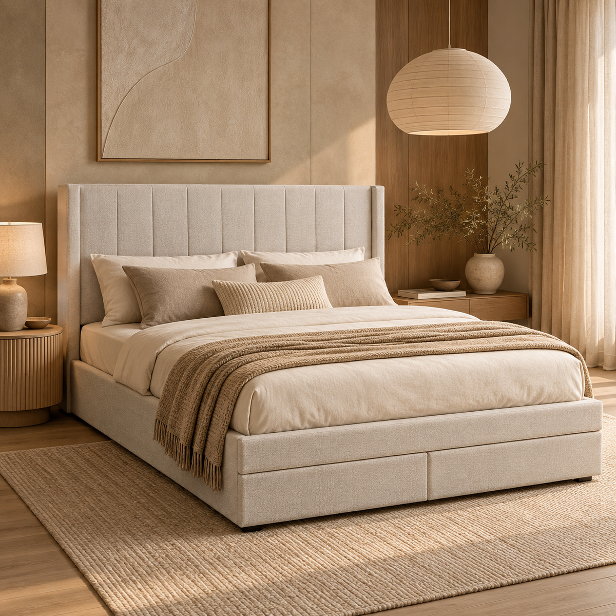 Front view of the Norell storage bed featuring a neutral woven fabric finish and a vertical channel tufted headboard