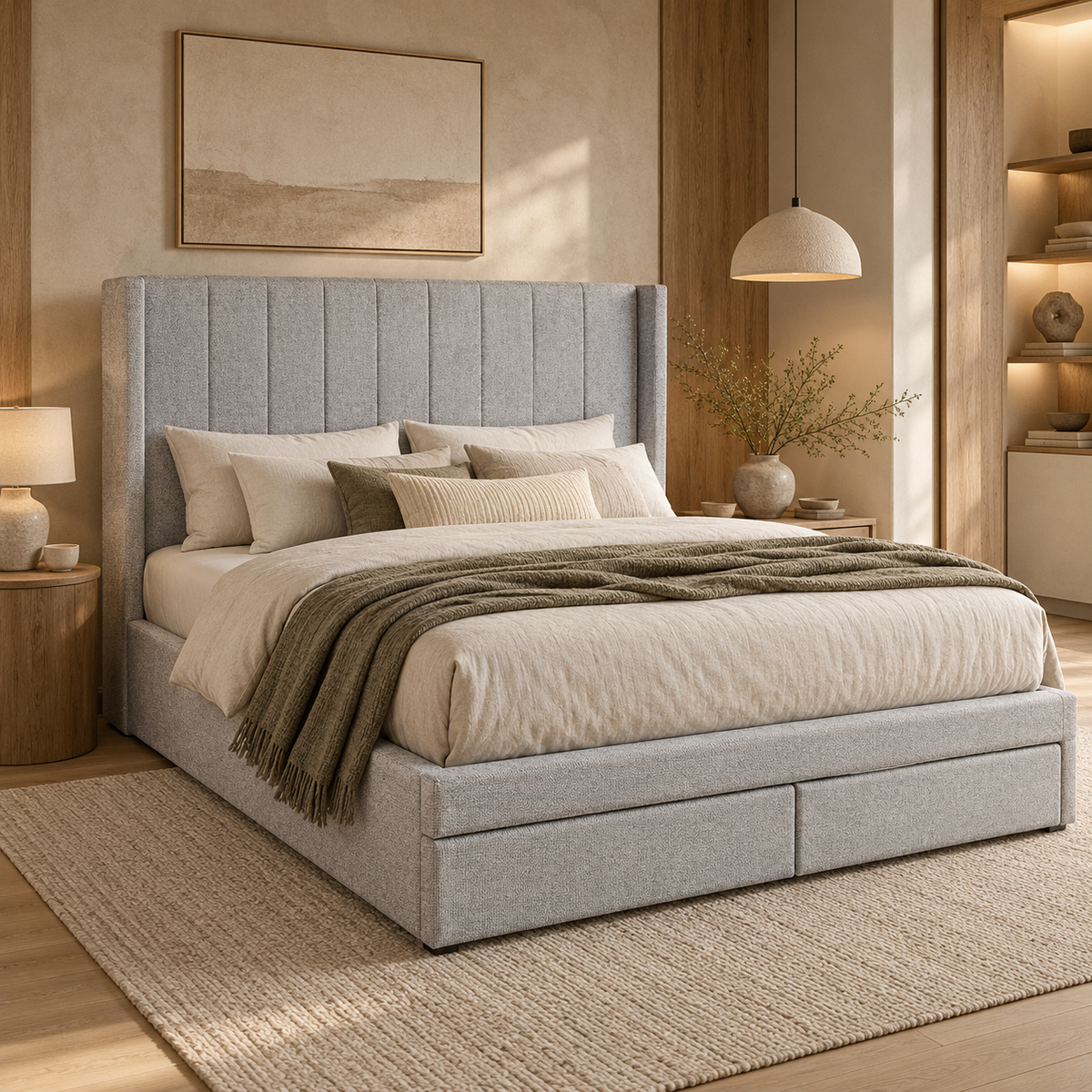 Front view of the Norell storage bed featuring a neutral woven fabric finish and a vertical channel tufted headboard