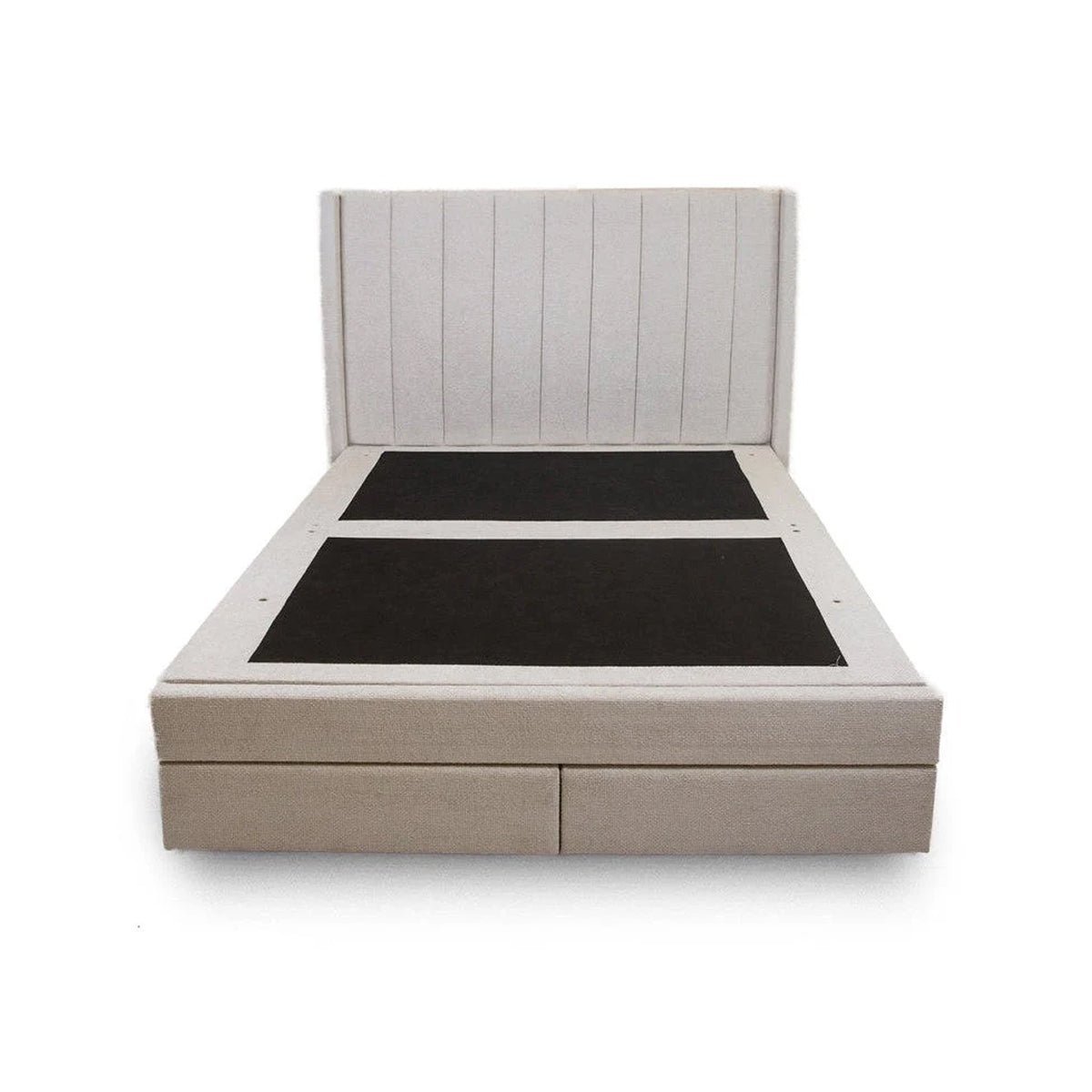 Front view of the Norell storage bed featuring a neutral woven fabric finish and a vertical channel tufted headboard