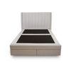 Front view of the Norell storage bed featuring a neutral woven fabric finish and a vertical channel tufted headboard