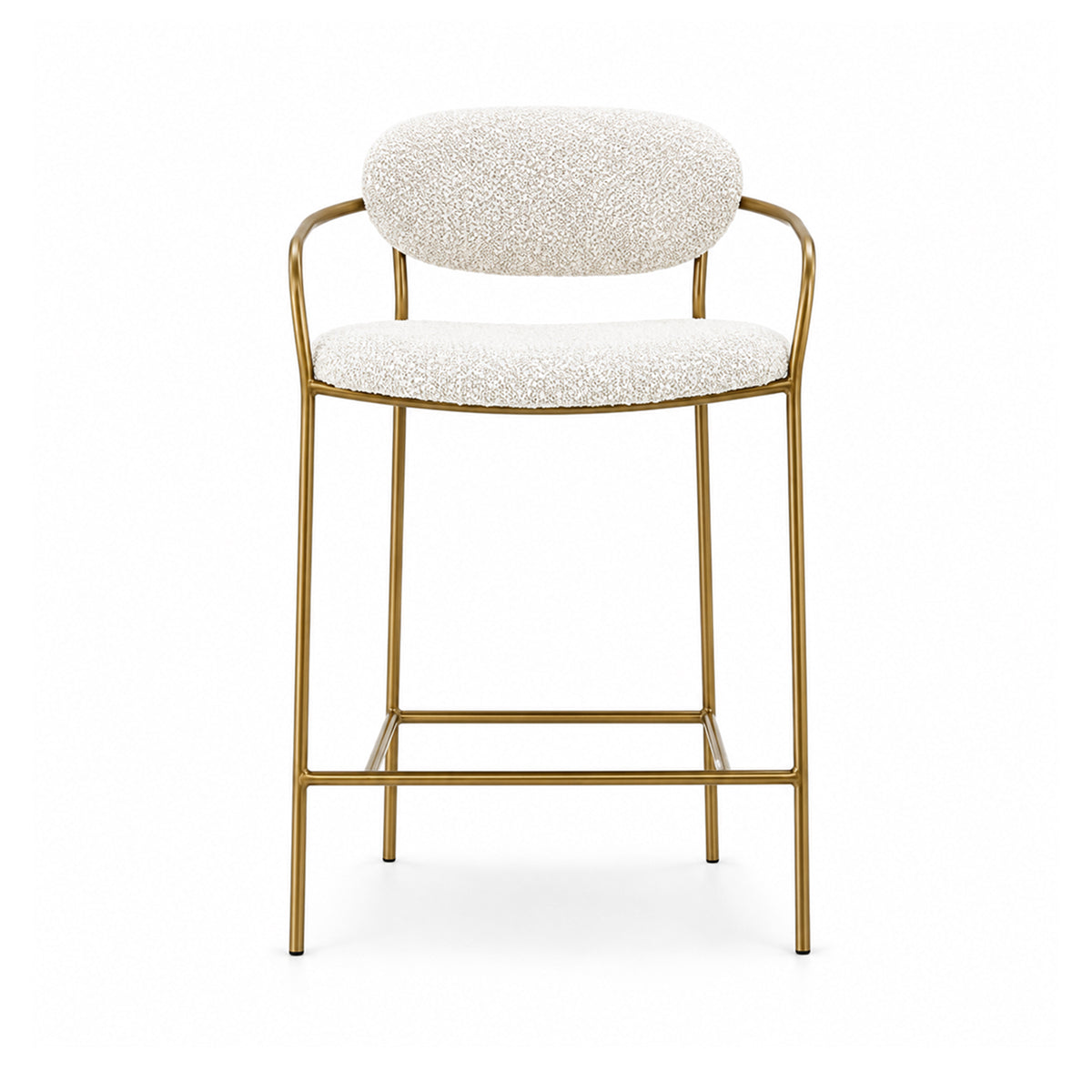 A modern counter stool with a textured cream bouclé upholstered seat and backrest, supported by a slim gold metal frame with integrated armrests and a footrest.