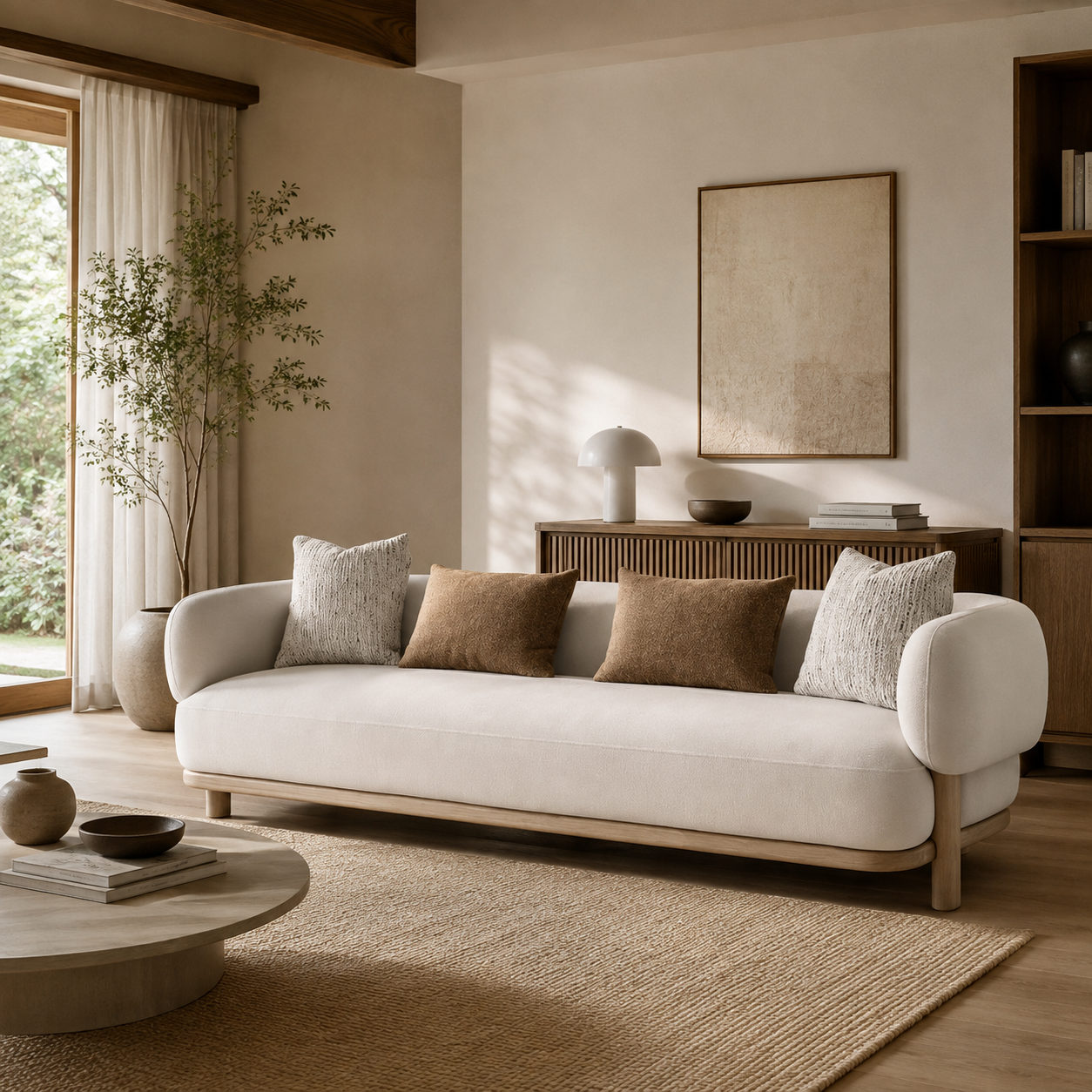 Odense 4-seater sofa with four toss pillows in neutral fabric and wooden base, modern minimalist design