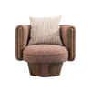 Front view of the Ovolo chair in rust-toned textured bouclé featuring integrated wood petal armrests and a tapered walnut swivel base