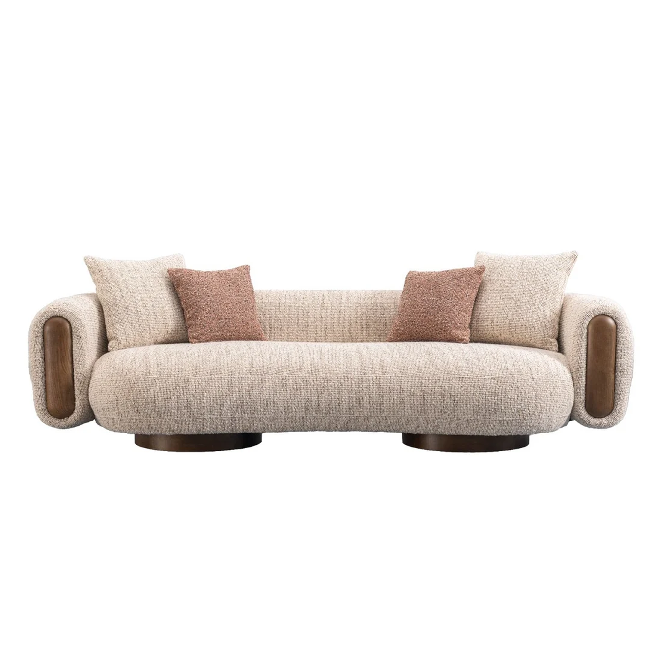 Ovolo 3-Seater Curved Sofa in beige textured fabric with rounded arms, wooden accents, and modern sculptural base
