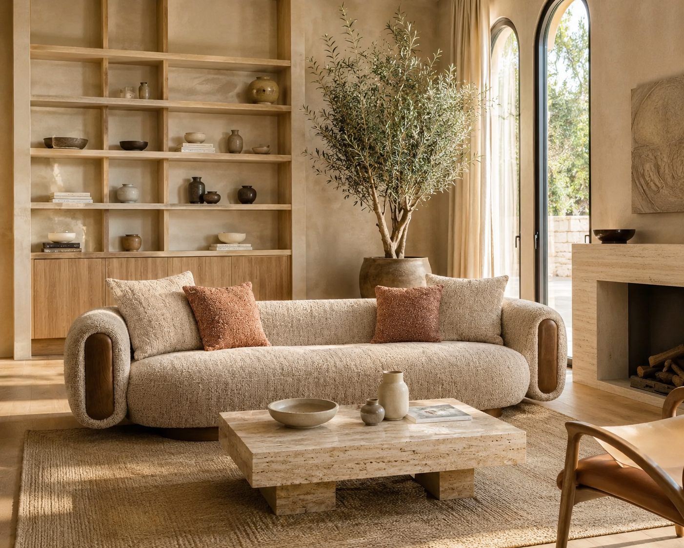 Ovolo 3-Seater Curved Sofa in beige textured fabric with rounded arms, wooden accents, and modern sculptural base