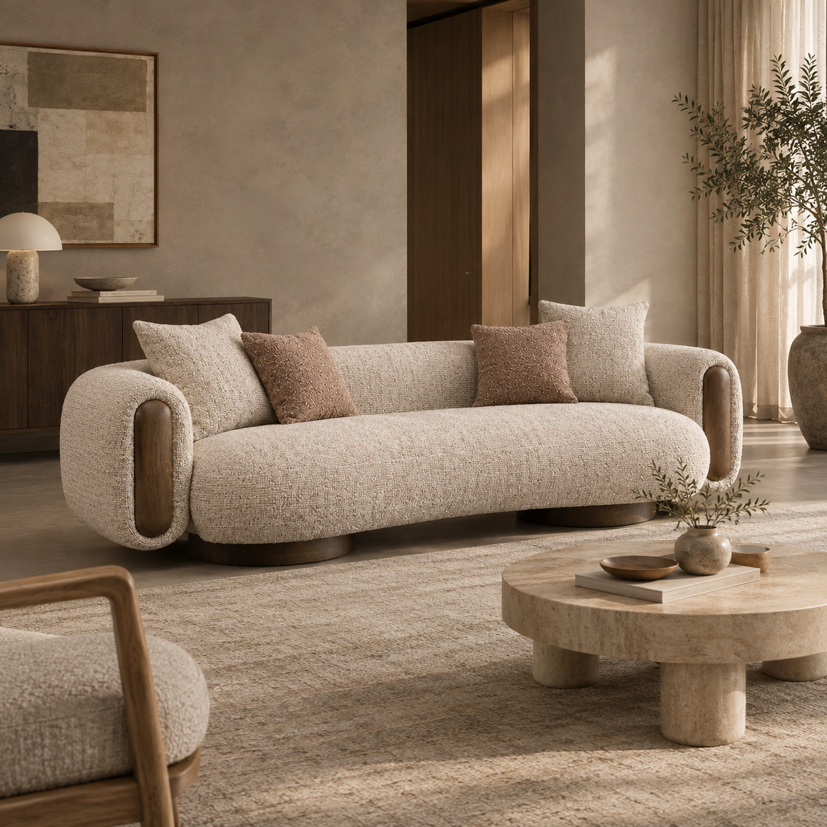 Ovolo 4-seater large curved sofa in cream textured fabric with modern rounded design and wooden bases