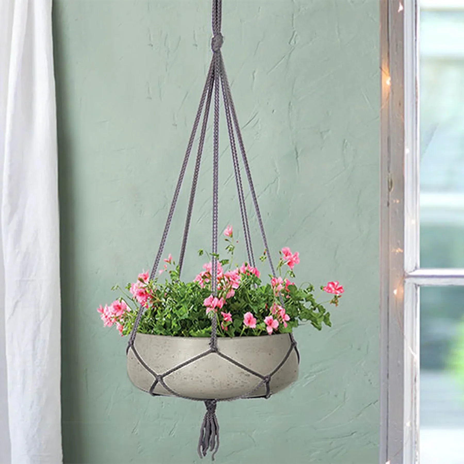 Circular Small Hanging Pot With Netting - Cement Grey-thumbmail-1