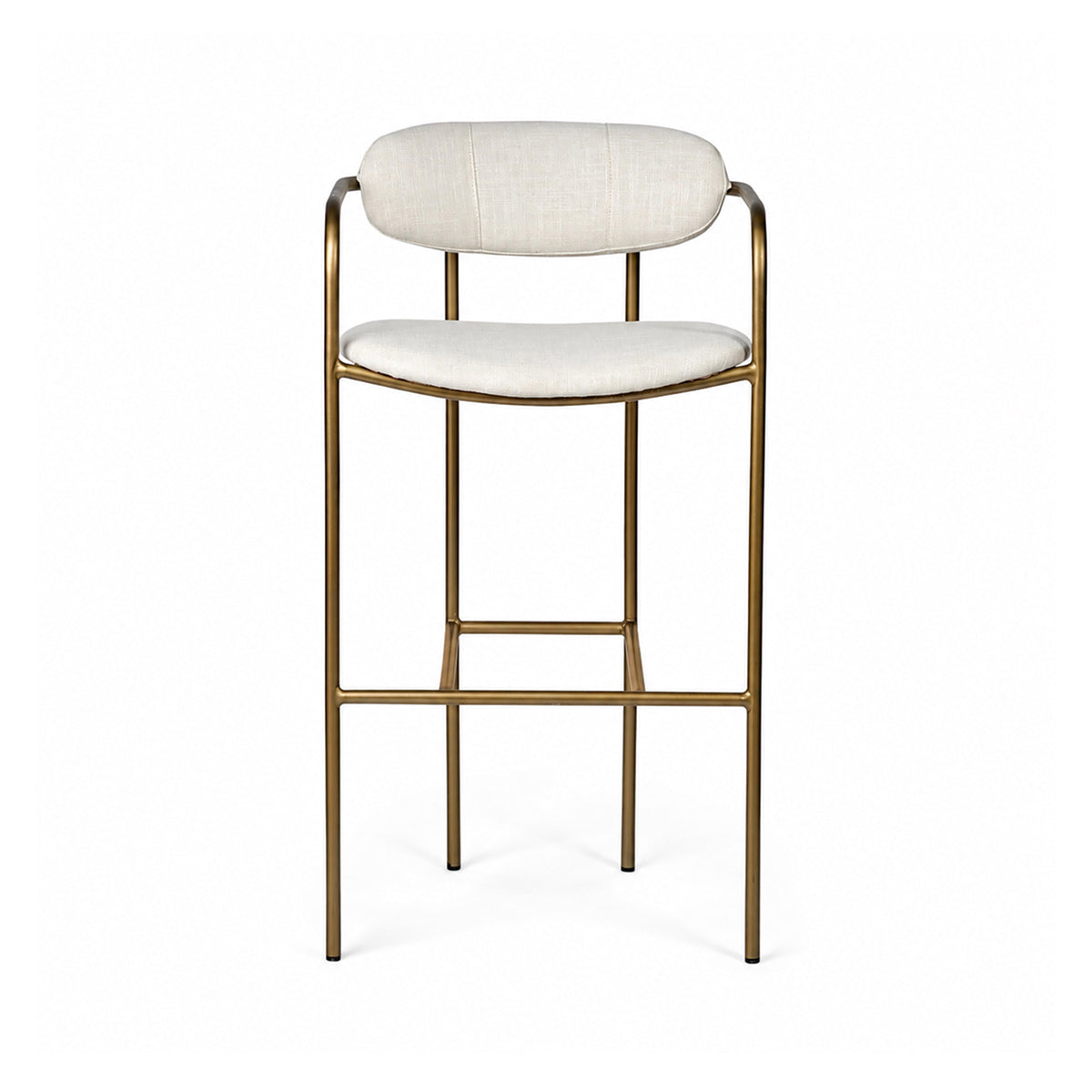 A modern barstool with a gold metal frame and light beige upholstered seat and backrest, shown against a plain white background.