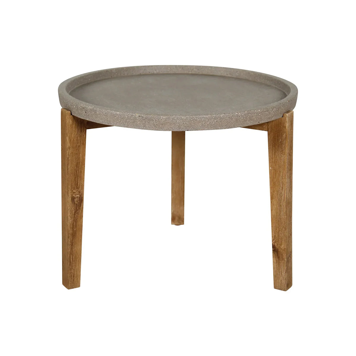 Front view of a small round patio garden table featuring a textured brown stone top and three tapered natural wood legs