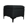 Front three-quarter view of the Reece square storage ottoman in black fabric featuring a diamond-quilted tufted lid