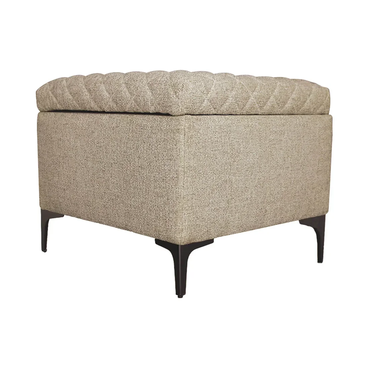 Front three-quarter view of the Reece square storage ottoman in black fabric featuring a diamond-quilted tufted lid