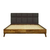 Front view of the Remix platform bed featuring a warm acacia wood frame and a grey square tufted upholstered headboard