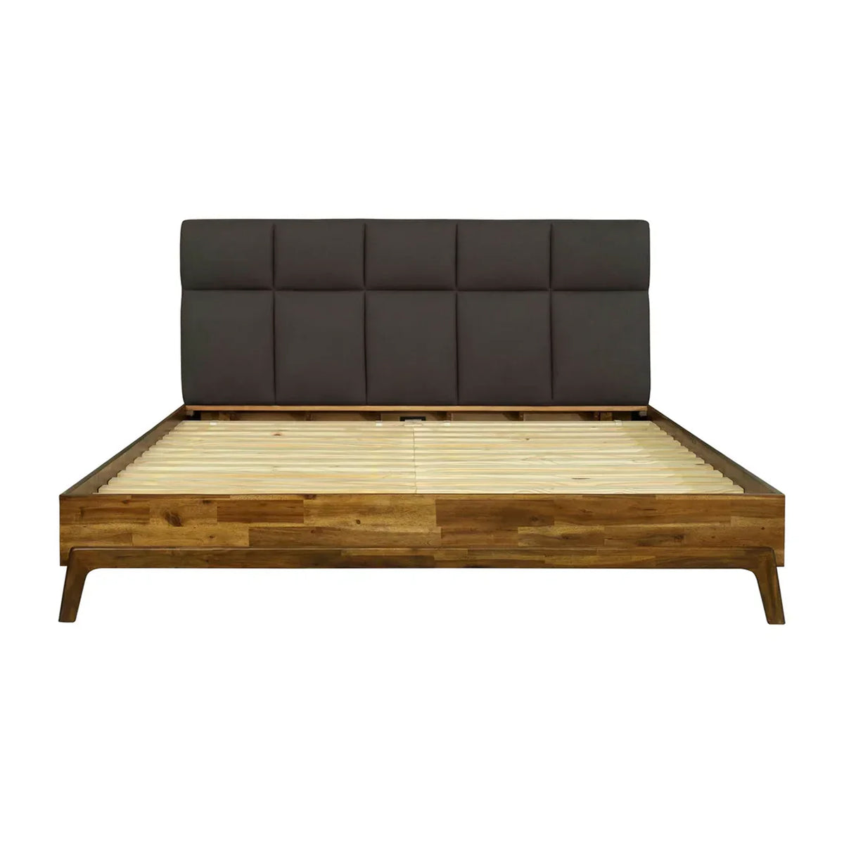 Front view of the Remix platform bed featuring a warm acacia wood frame and a grey square tufted upholstered headboard