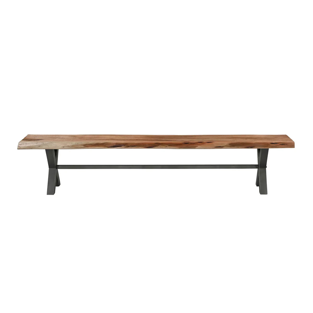 Front view of the Restore bench featuring a natural live-edge acacia wood top and black metal X-frame legs