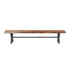 Front view of the Restore bench featuring a natural live-edge acacia wood top and black metal X-frame legs