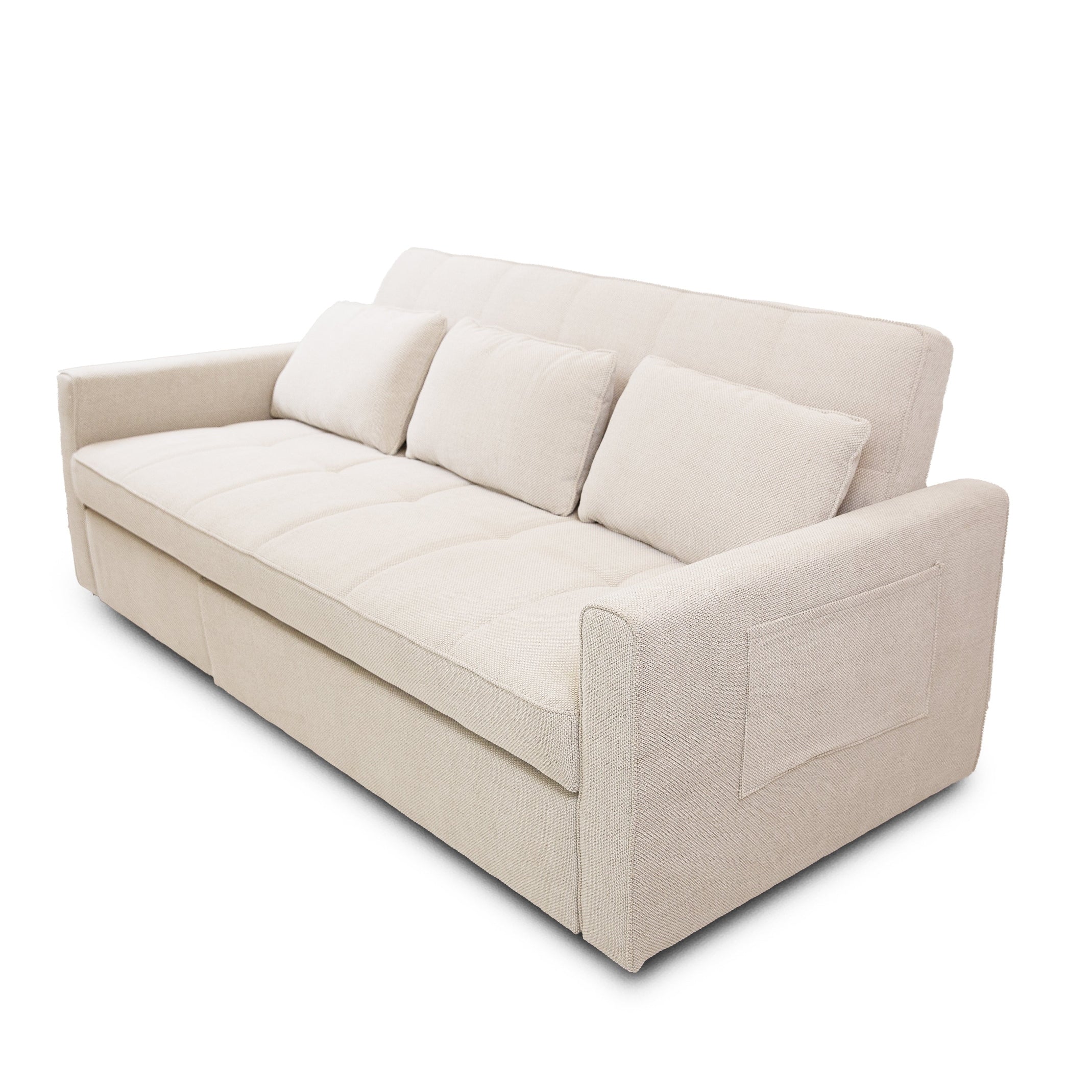 Front view of the Hedal Sofa Sectional Sleeper in cream textured fabric with matching throw pillows