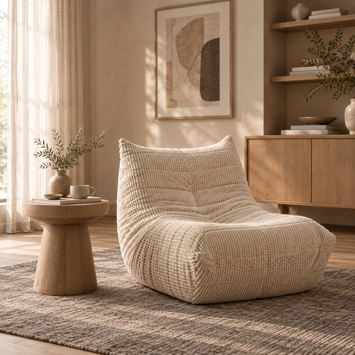 Large front view of the Rigo accent chair in beige corduroy fabric with a low-profile channeled design.