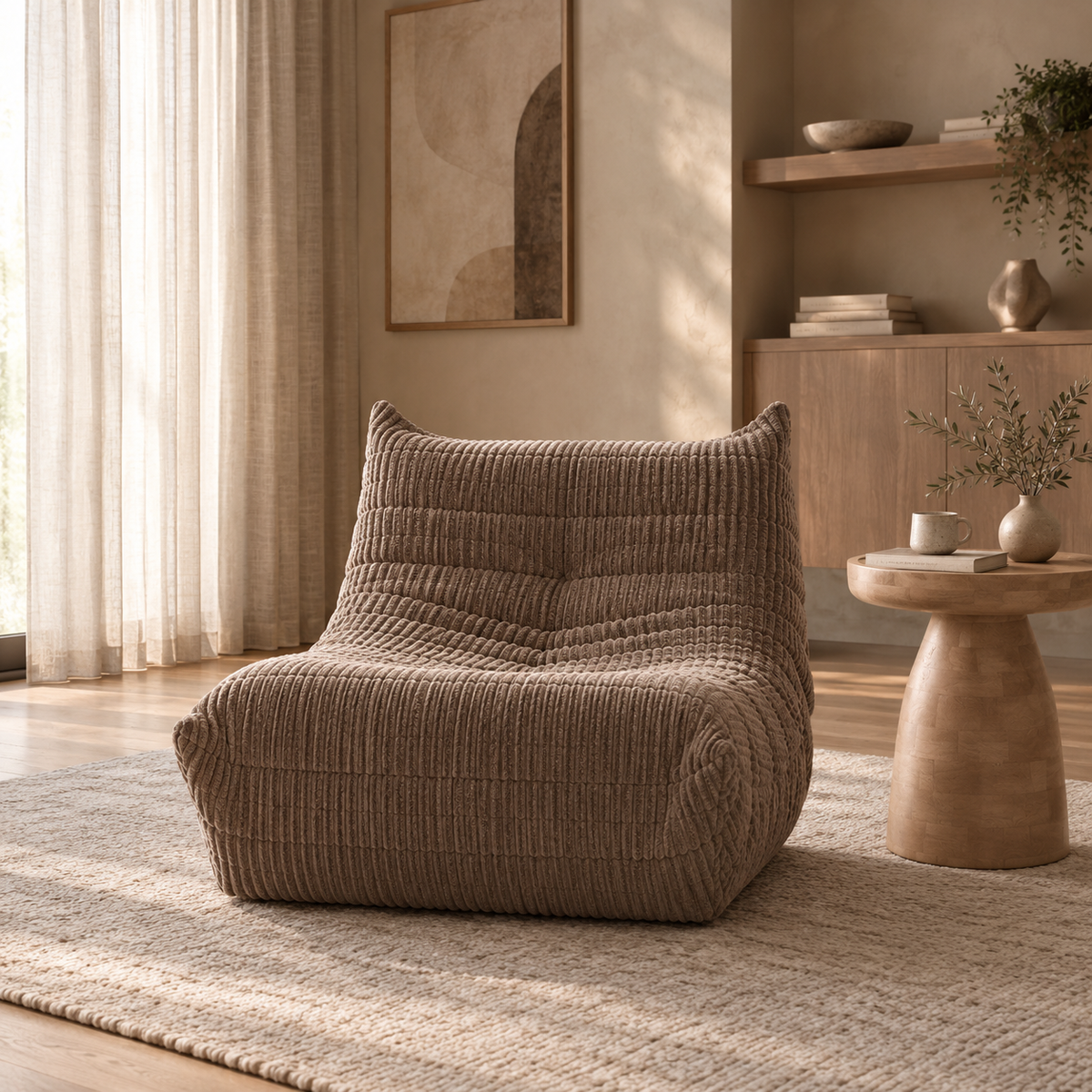 Large front view of the Rigo accent chair in beige corduroy fabric with a low-profile channeled design.