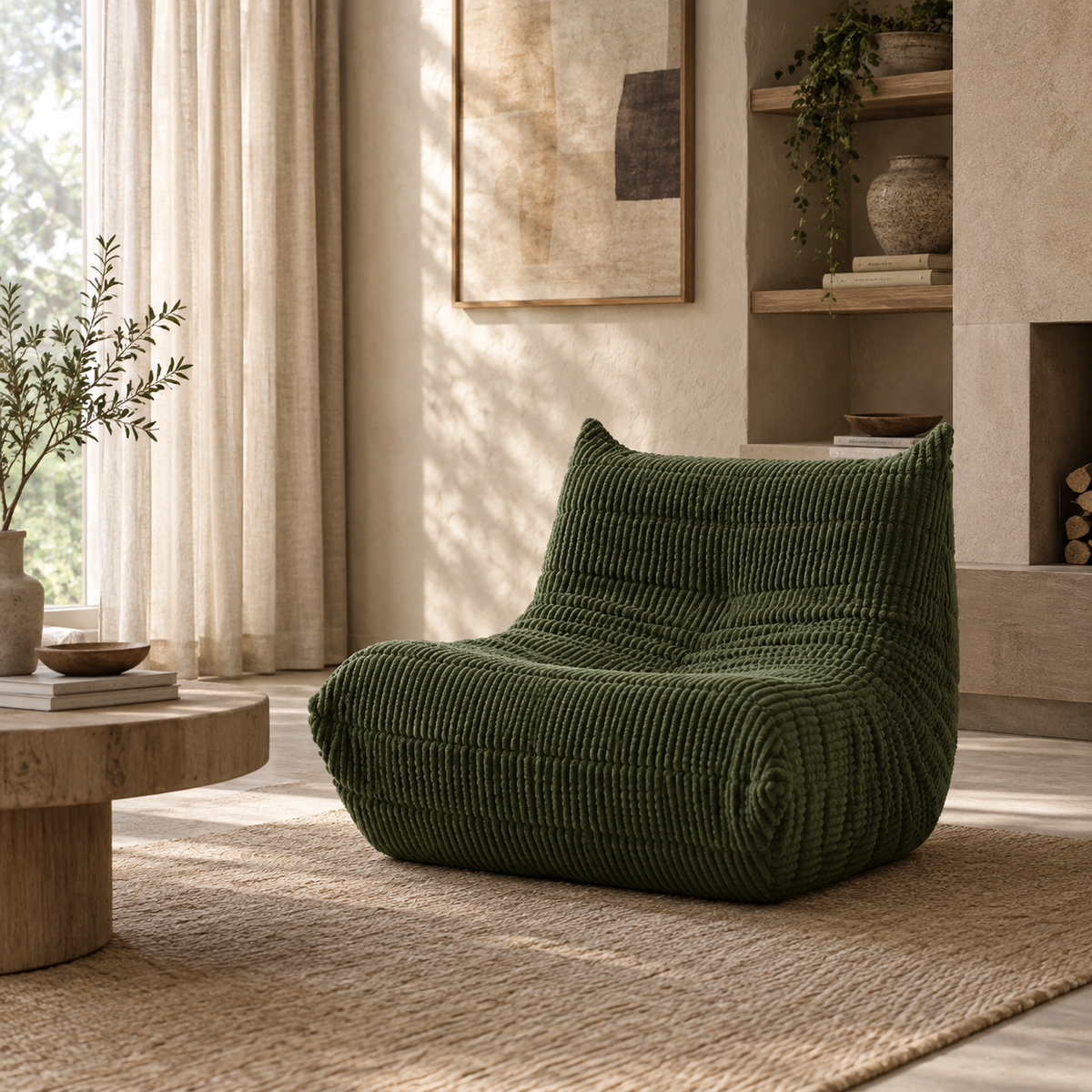 Large front view of the Rigo accent chair in beige corduroy fabric with a low-profile channeled design.