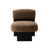 Head-on view of the coffee brown Rines chair highlighting its symmetrical wide seat and minimalist armless design