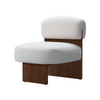 Front view of the Rines accent chair variant in cream bouclé upholstery featuring a warm walnut wood block base