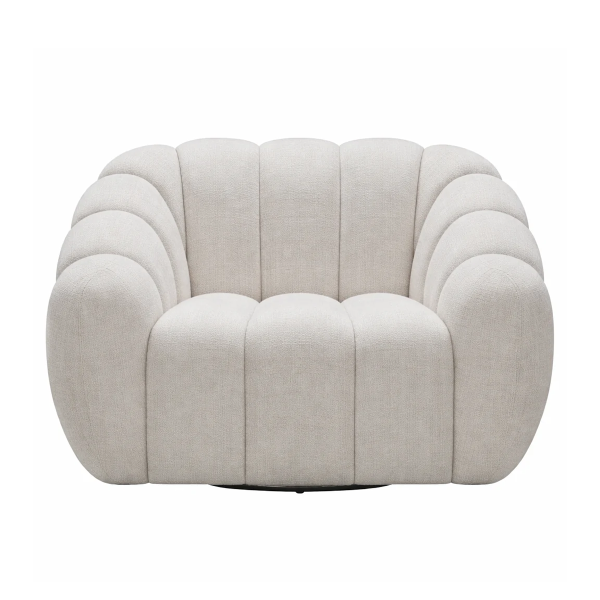 Front view of the Riro Swivel Accent Chair in cream fabric featuring a bold, channeled ribbed design.