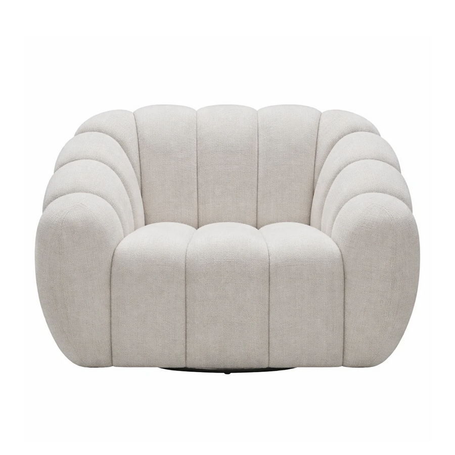 Front view of the Riro Swivel Accent Chair in cream fabric featuring a bold, channeled ribbed design.