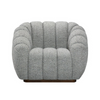 The Riro Swivel Accent Chair shown in a textured grey fabric with a dark wood swivel base.